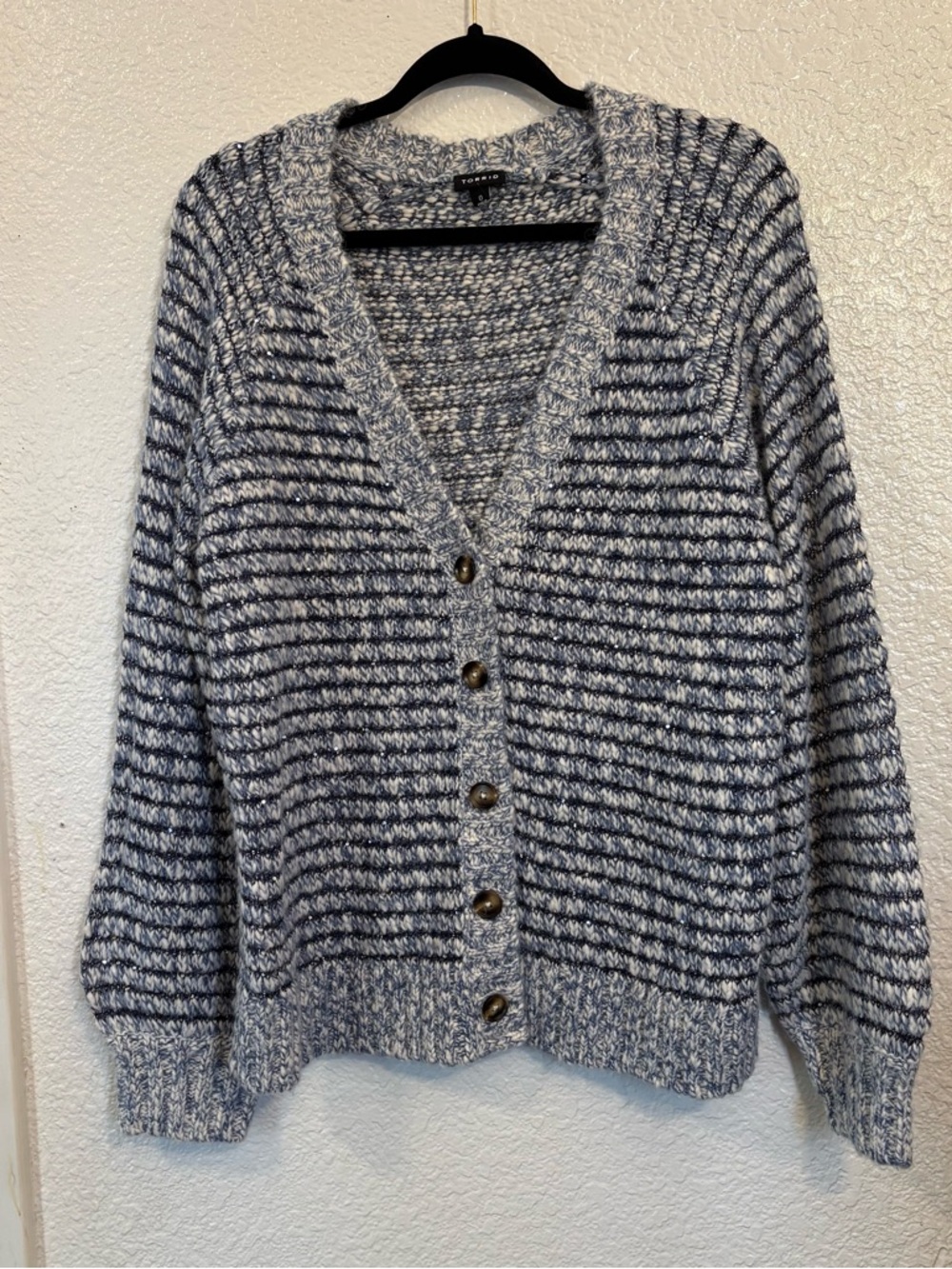 Torrid Cardigan Sweater Womens Size 0 L/12 Navy White Striped Knit‎ Button Front